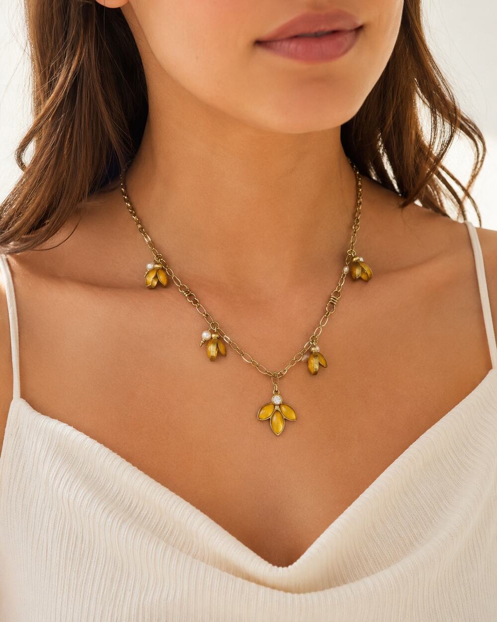 Lia Sophia Yellow Daisy Necklace Gold Tone Faux Pearls Long Boho Womens Jewelry